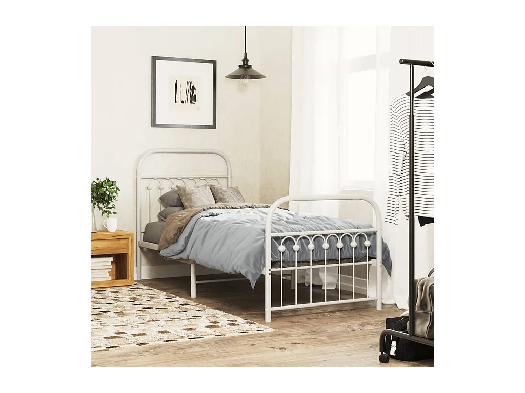 Cadre de lit métal sans matelas avec pied de lit blanc 80x200cm