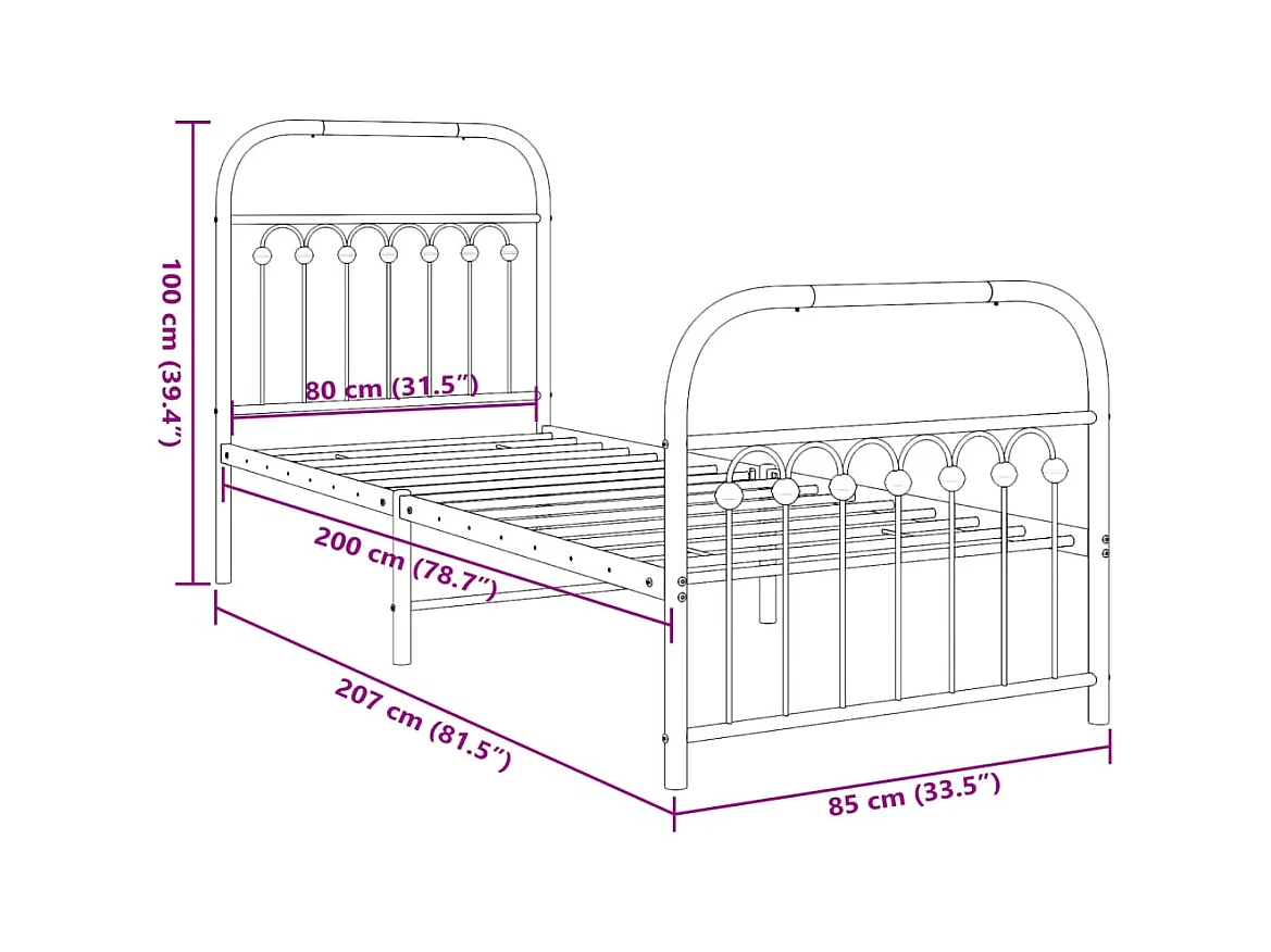 Cadre de lit métal sans matelas avec pied de lit blanc 80x200cm