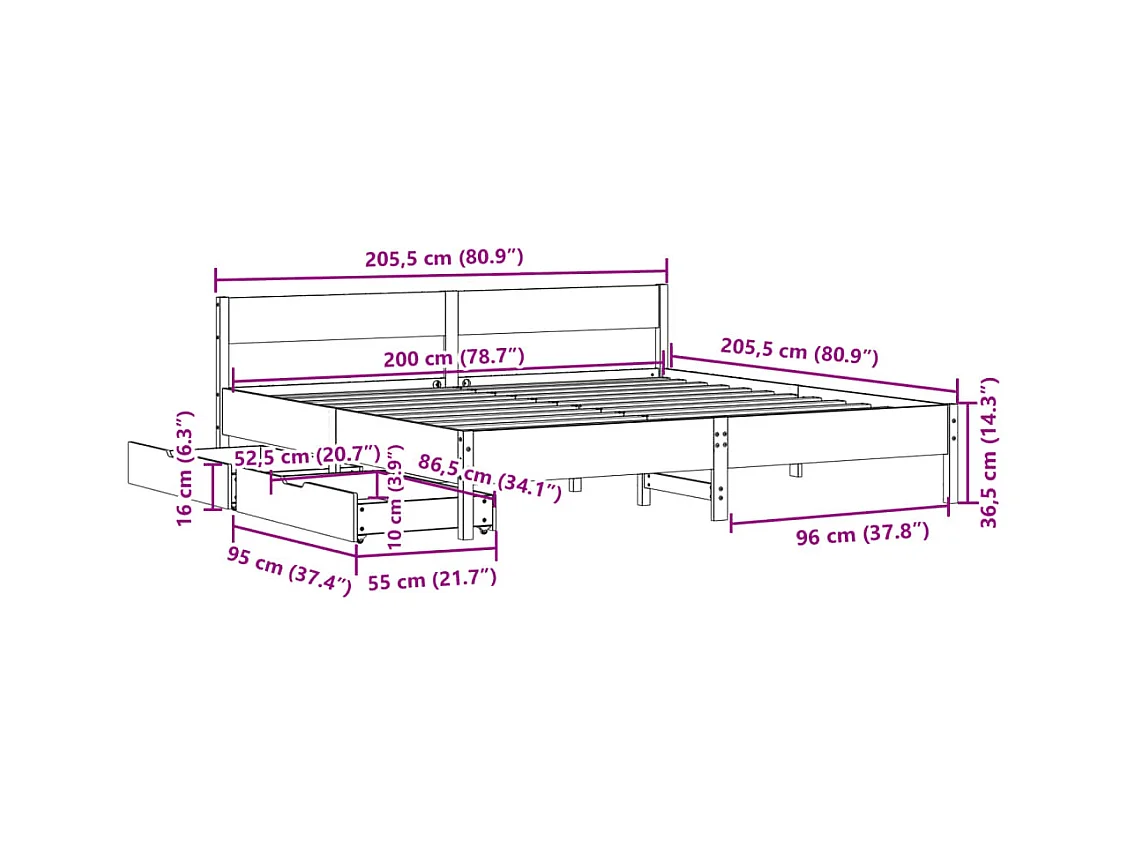 Cadre de lit sans matelas blanc 200x200 cm bois massif de pin