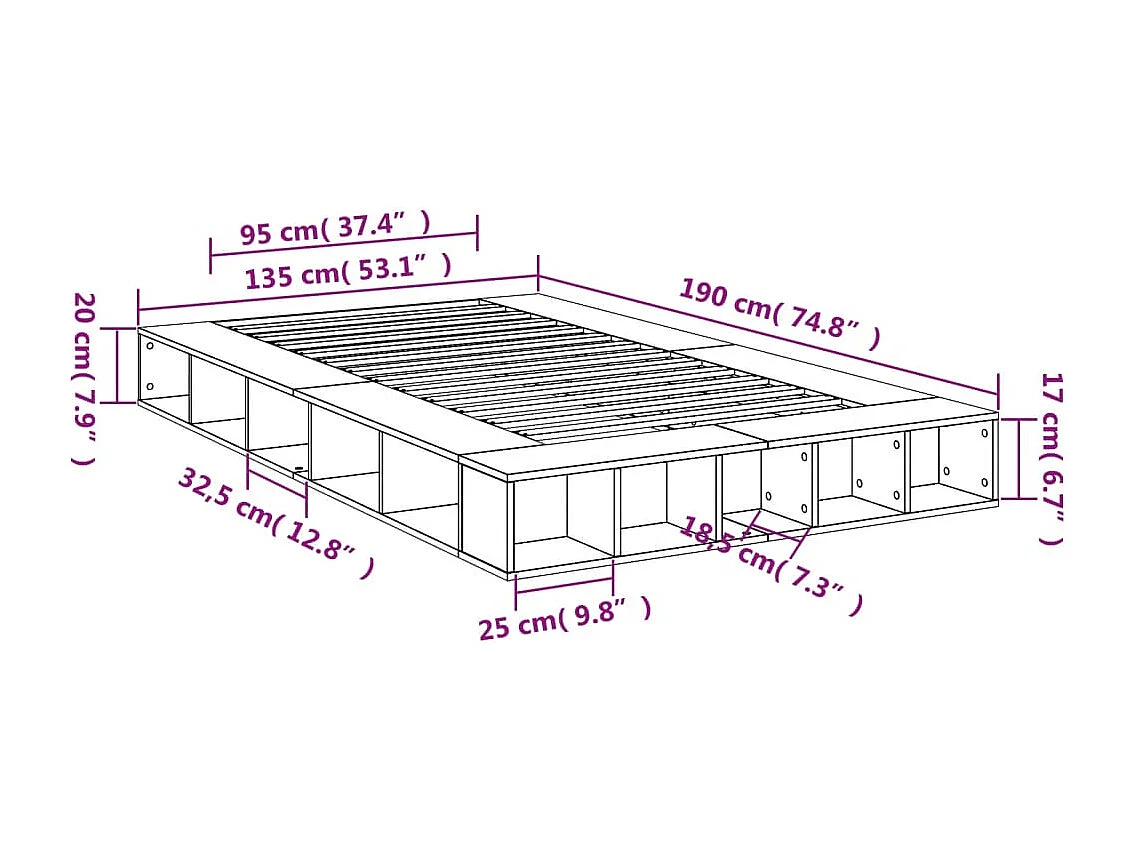 Cadre de lit sans matelas chêne fumé 135x190 cm