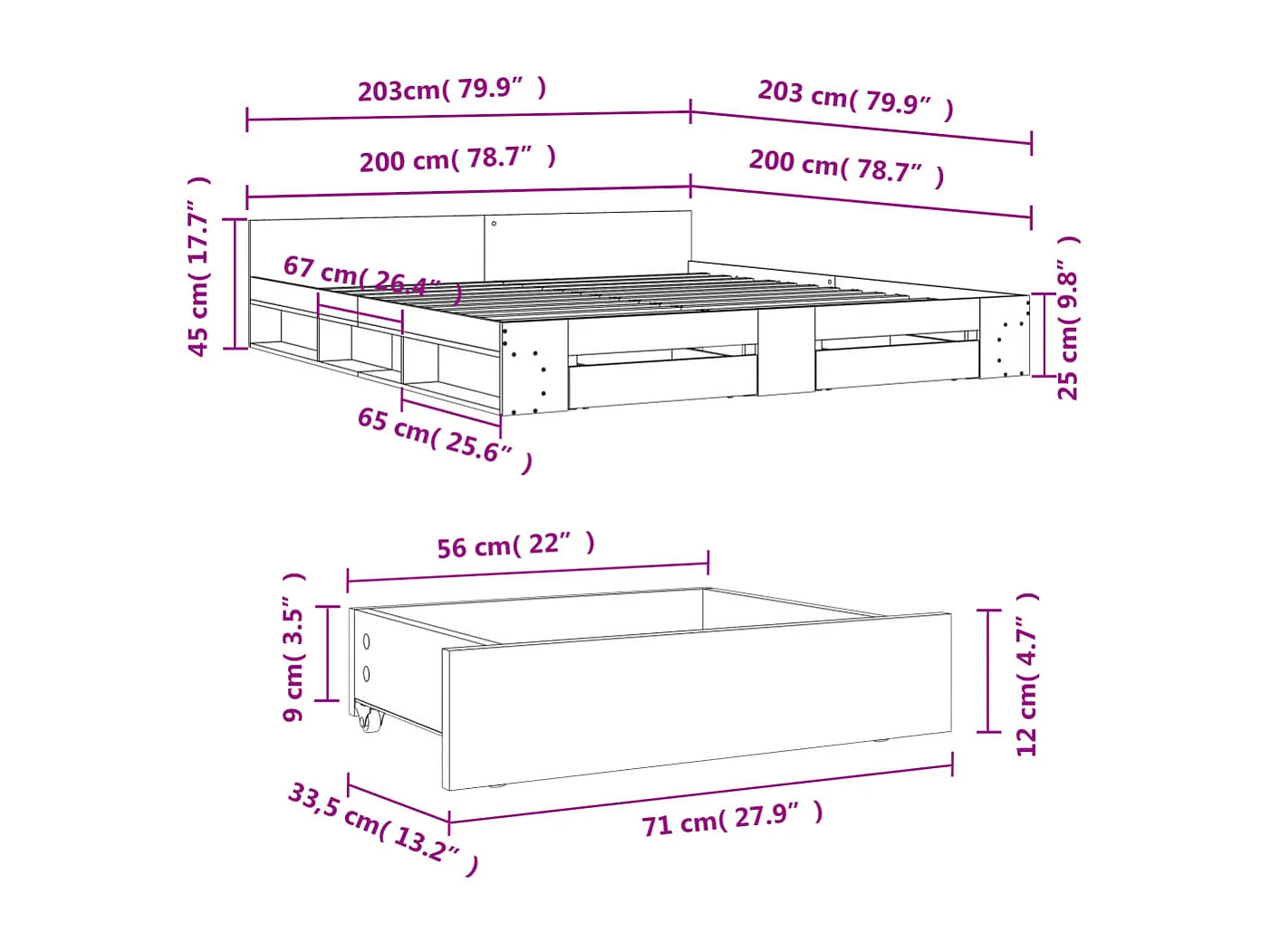 Giroletto con Cassetti Bianco 200x200 cm in Legno Multistrato