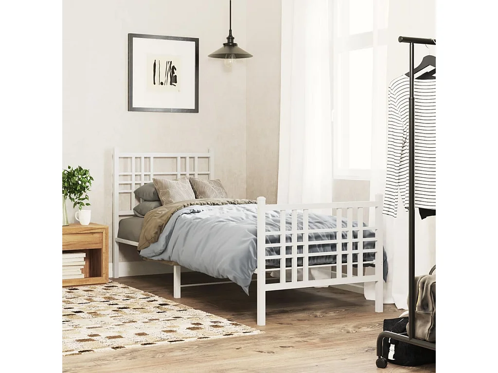 Cadre de lit métal sans matelas avec pied de lit blanc 75x190cm