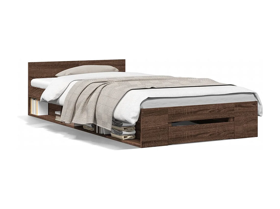 Cama con cajón madera de ingeniería marrón roble 100x200 cm