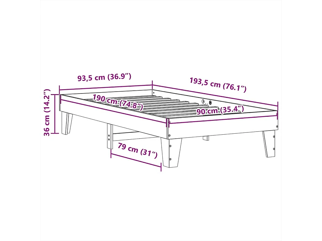 Letto senza Materasso 90x190 cm in Legno Massello di Pino
