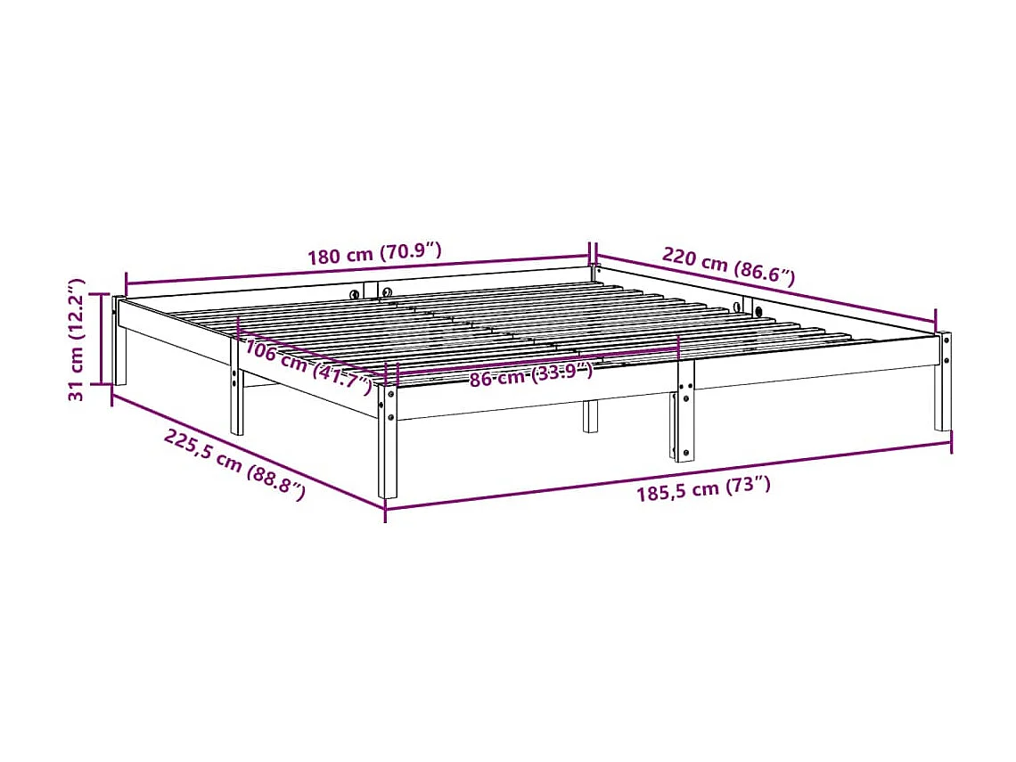Letto Extra Lungo senza Materasso 180x220 cm in Legno di Pino