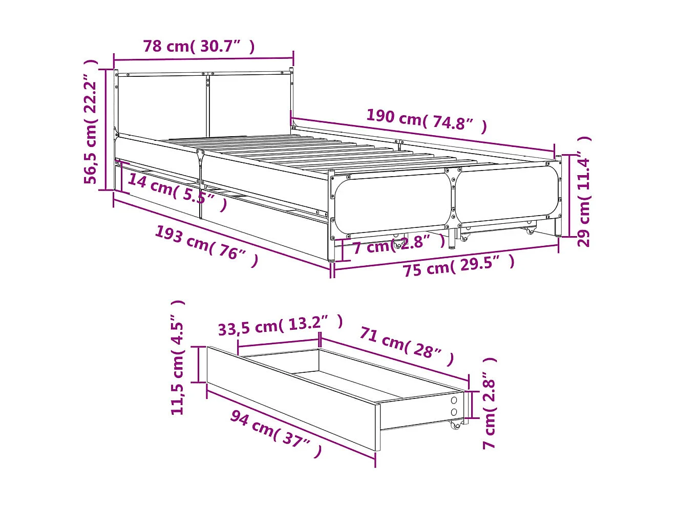 Bedframe met lades bewerkt hout zwart 75x190 cm
