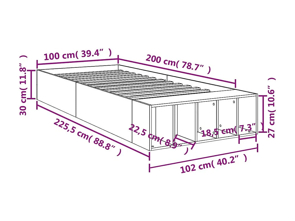 Cadre de lit sans matelas gris béton 100x200 cm