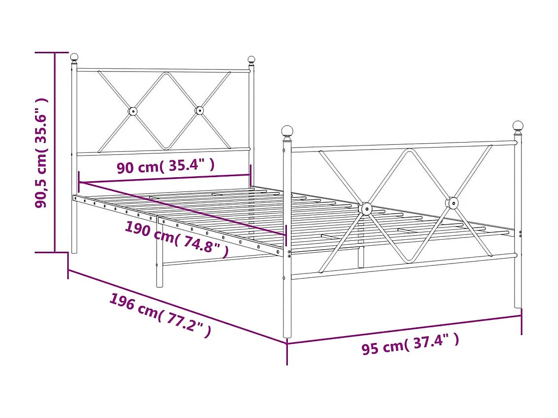 Bedframe met hoofd- en voeteneinde metaal wit 90x190 cm
