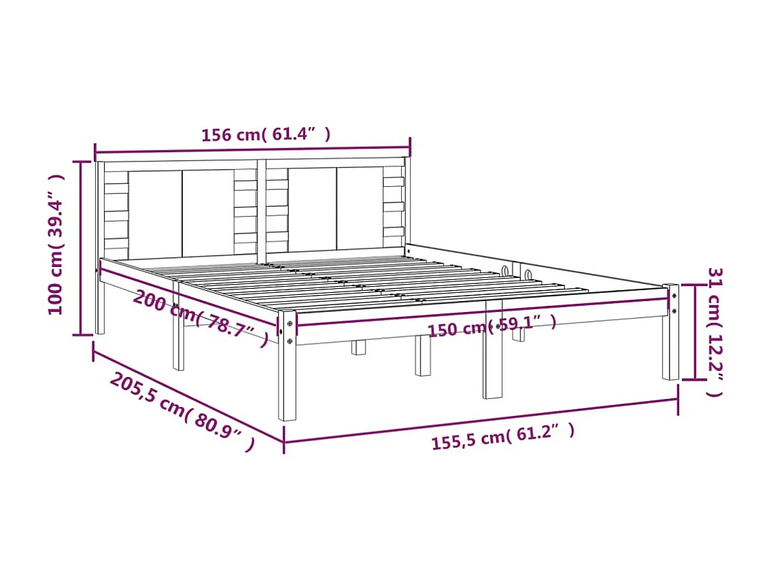 Bedframe massief hout wit 150x200 cm 5FT King Size