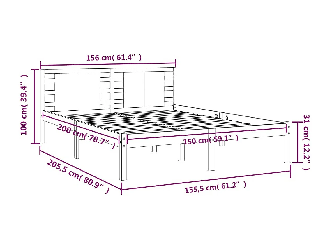 Bedframe massief hout wit 150x200 cm 5FT King Size