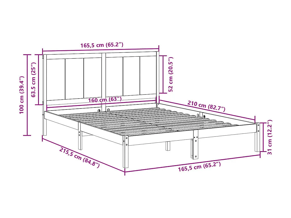 Cadre de lit extra long sans matelas 160x210 cm bois massif