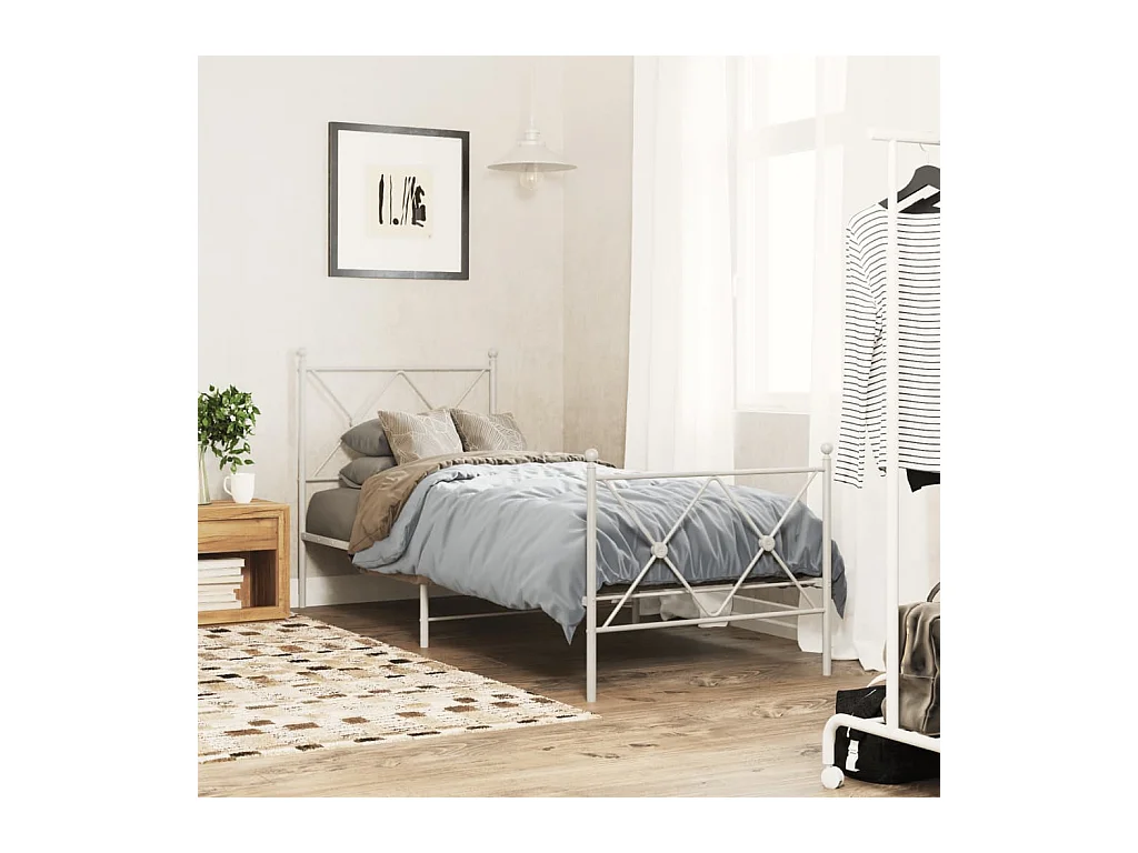 Cadre de lit métal sans matelas avec pied de lit blanc 80x200cm