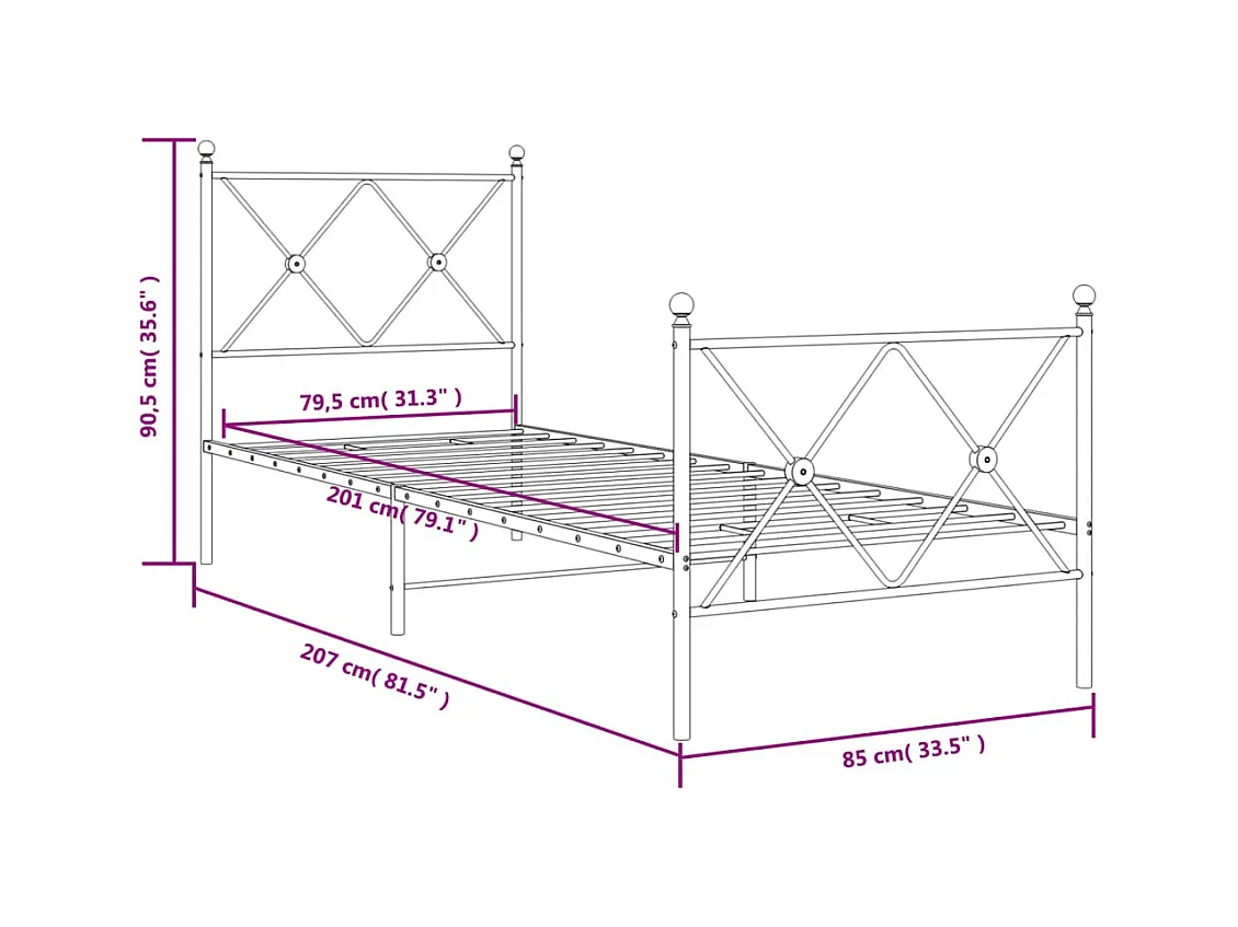 Cadre de lit métal sans matelas avec pied de lit blanc 80x200cm
