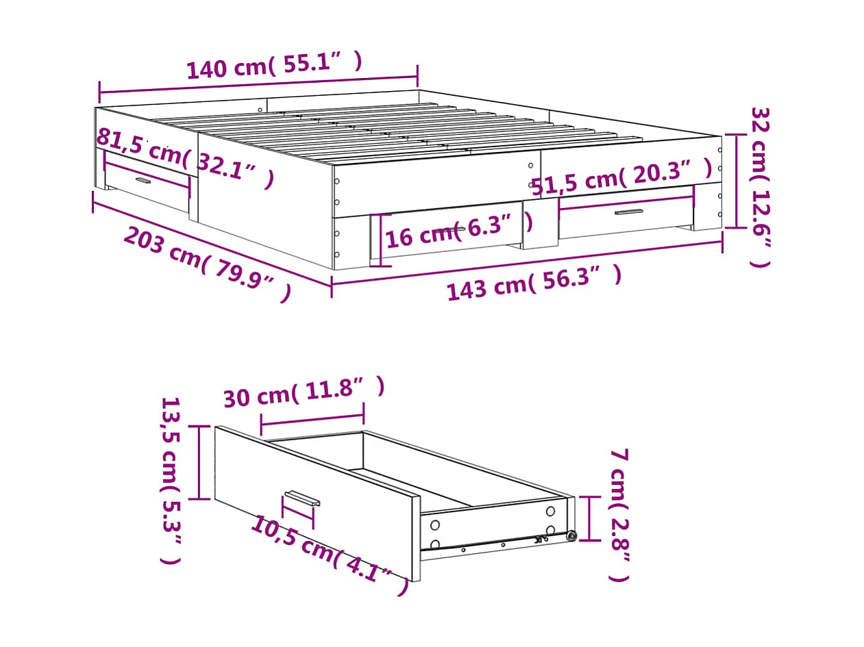 Giroletto con Cassetti Rovere Fumo 140x200 cm Legno Multistrato