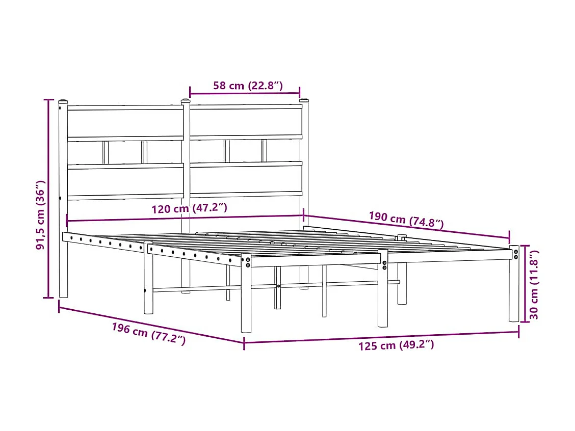 Cadre de lit en métal sans matelas chêne fumé 120x190 cm