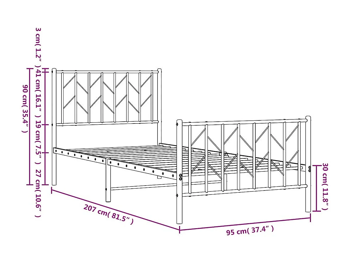 Cadre de lit métal sans matelas avec pied de lit noir 90x200 cm