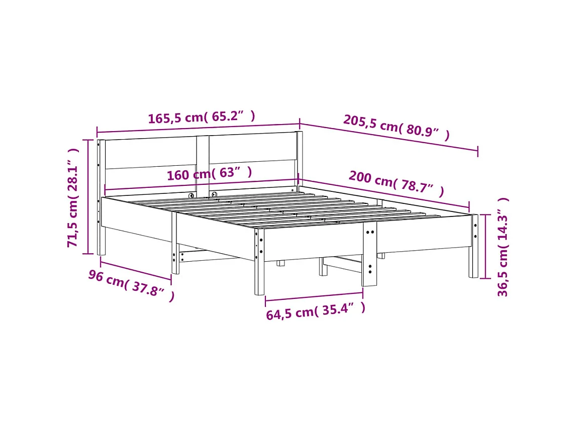 Cadre de lit sans matelas 160x200 cm bois massif de pin