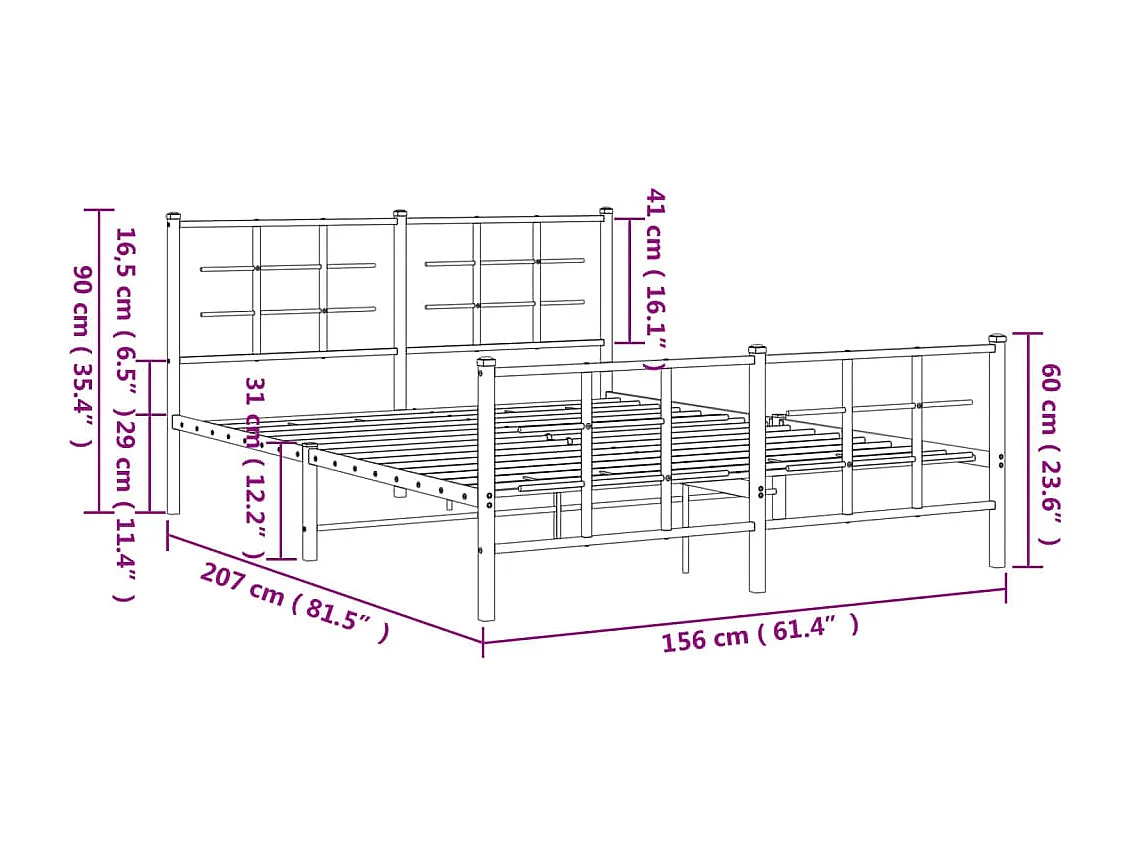 Cadre de lit métal sans matelas et pied de lit blanc 150x200 cm