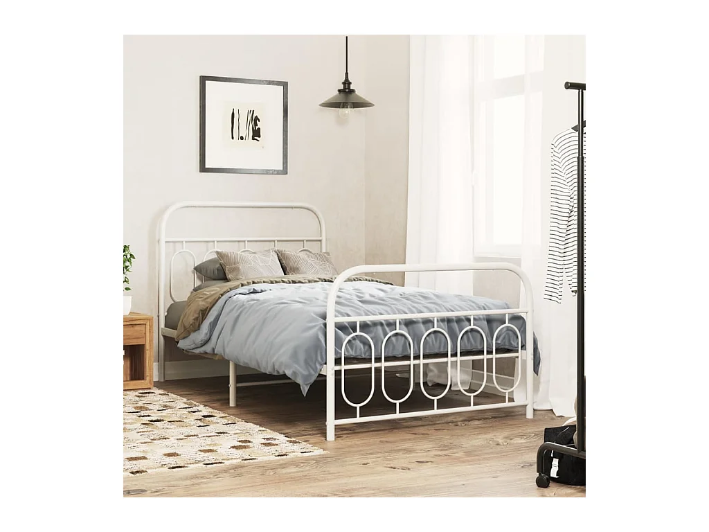 Cadre de lit métal sans matelas et pied de lit blanc 100x190 cm