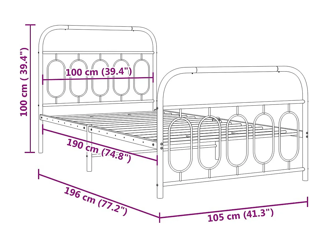 Estrutura de cama com cabeceira e pés 100x190 cm metal branco