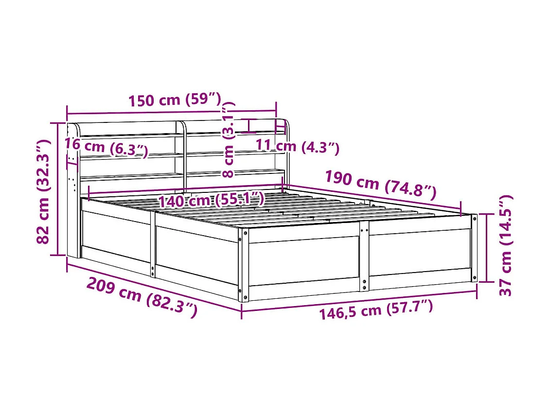 Estrutura cama c/ cabeceira 140x190cm pinho maciço castanho-mel