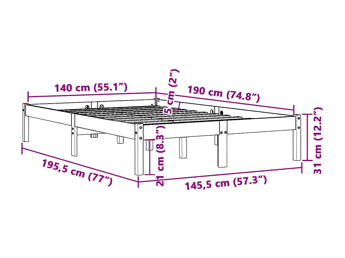 Letto senza Materasso Marrone Cera 140x190 cm in Legno di Pino