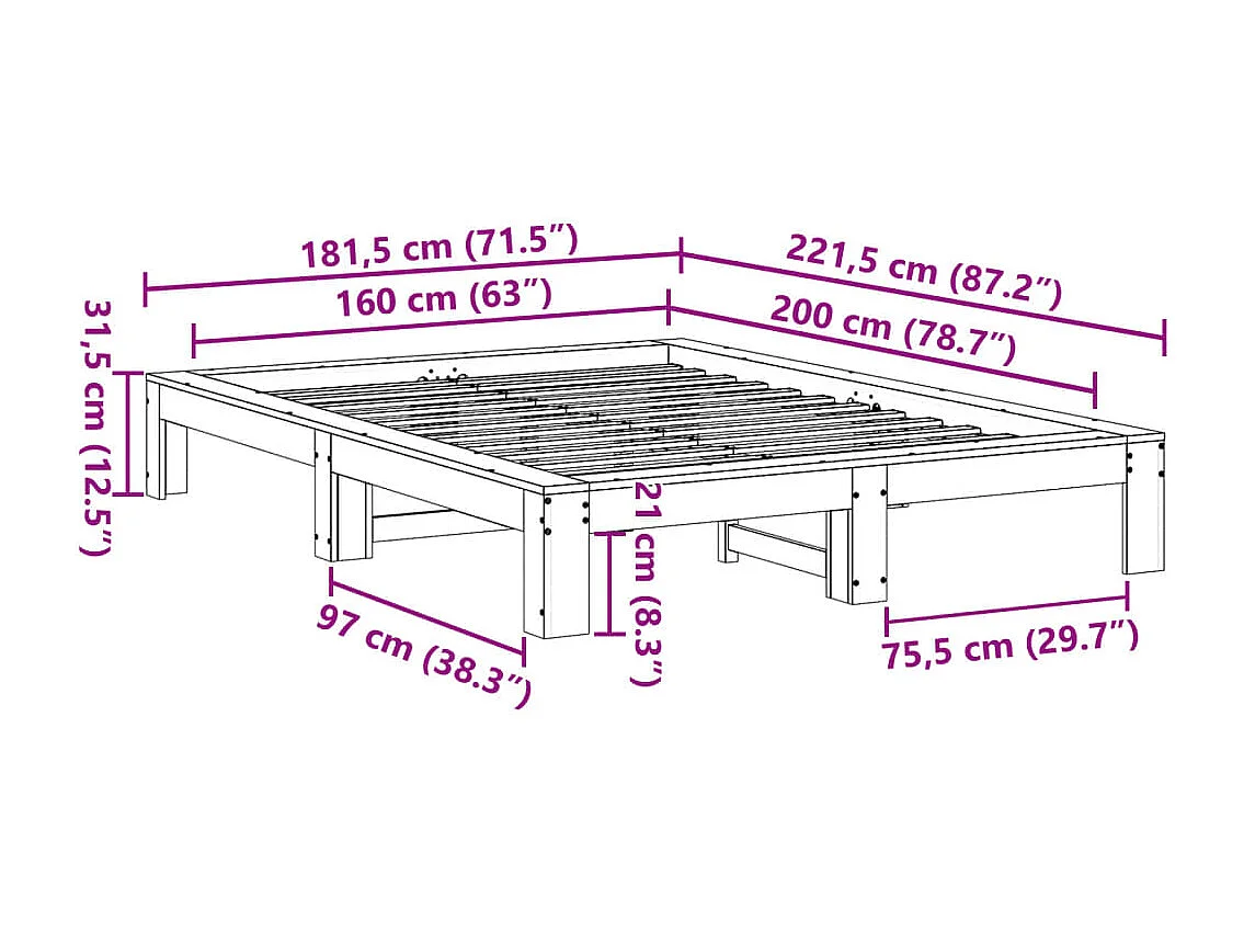 Cadre de lit sans matelas blanc 160x200 cm bois de pin massif