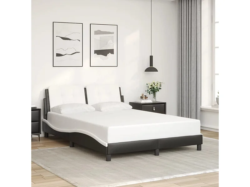 Estructura de cama con cabecero cuero sintético negro y blanco