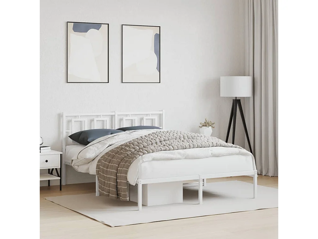 Cadre de lit métal sans matelas et tête de lit blanc 135x190 cm