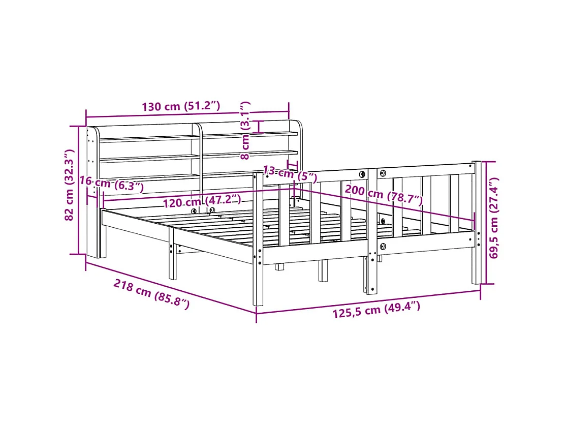 Bedframe zonder matras massief grenenhout wit 120x200 cm
