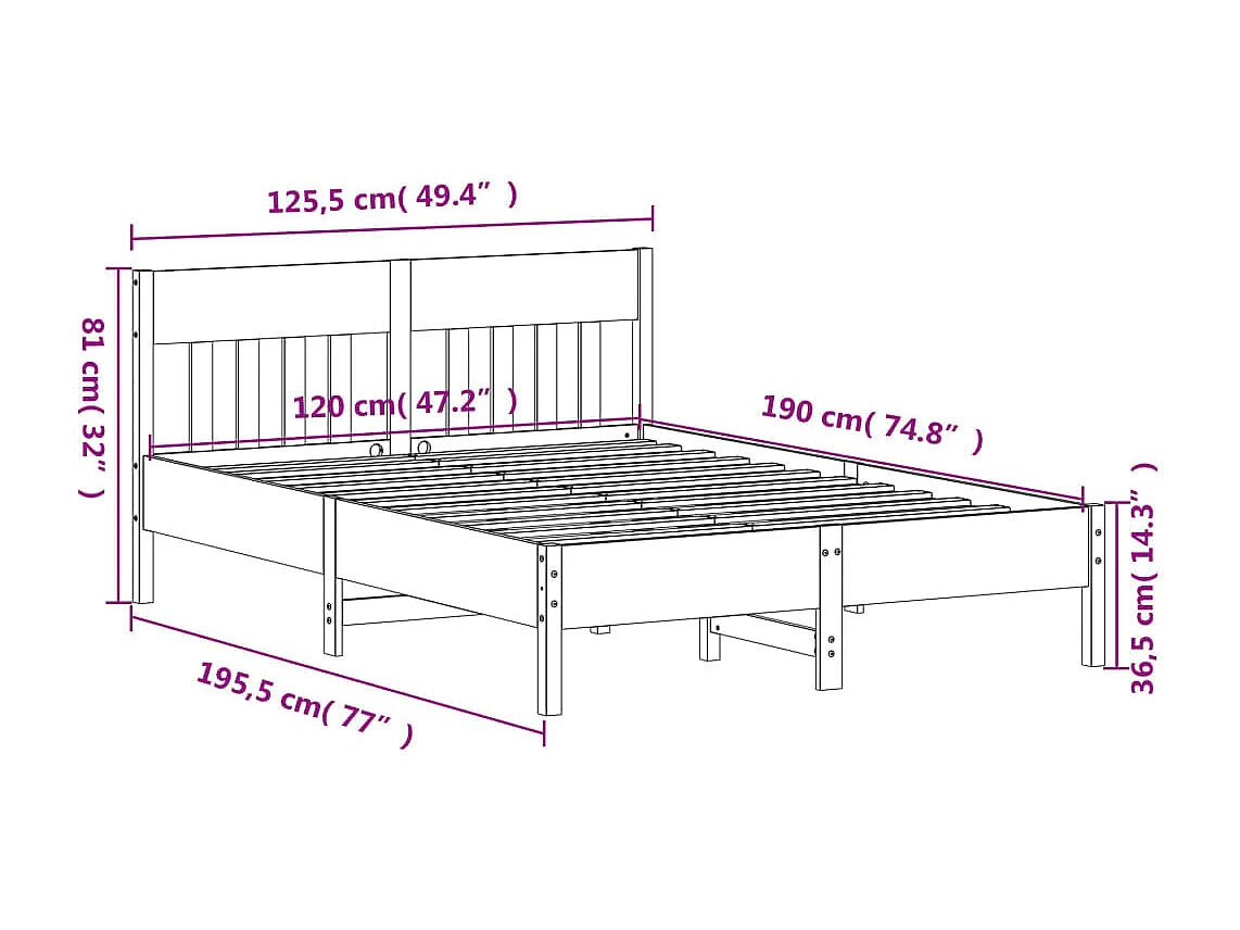 Cadre de lit sans matelas cire marron 120x190cm bois pin massif