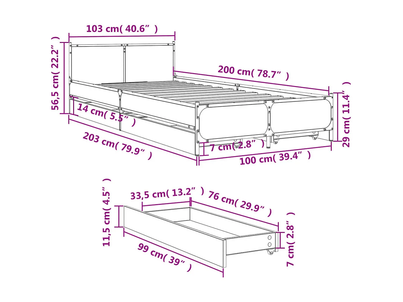 Cadre de lit sans matelas noir 75x190 cm