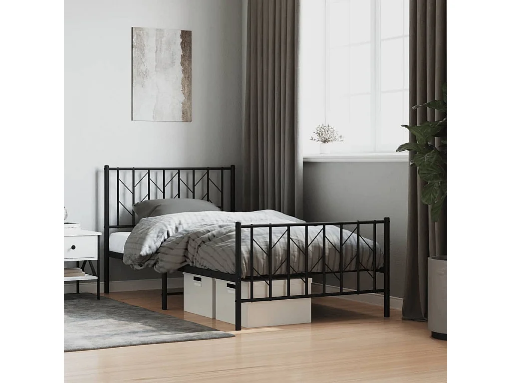 Cadre de lit métal sans matelas avec pied de lit noir 100x190cm