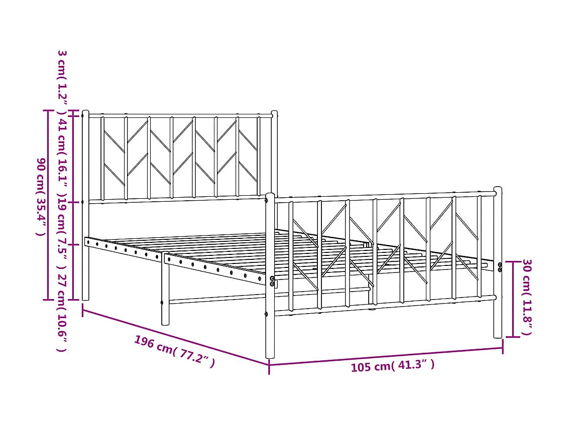 Cadre de lit métal sans matelas avec pied de lit noir 100x190cm