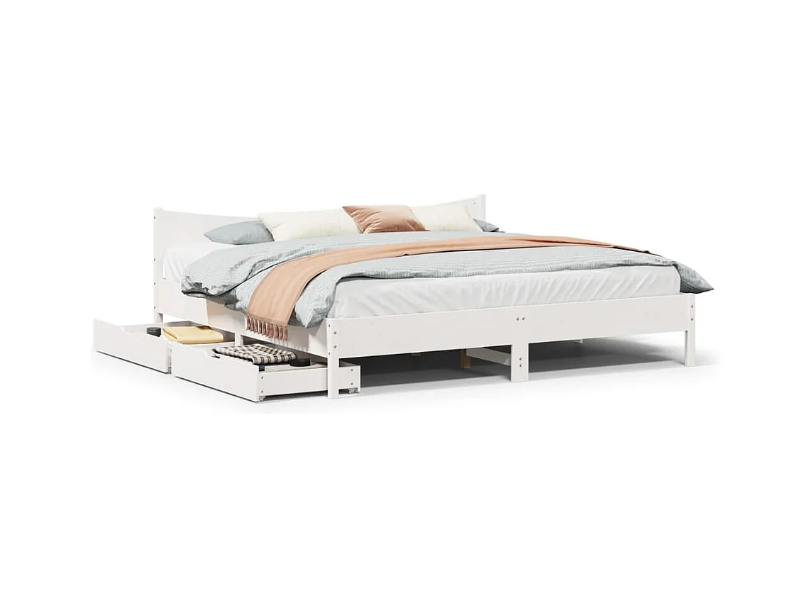 Cadre de lit avec tiroirs blanc 200x200 cm bois massif de pin