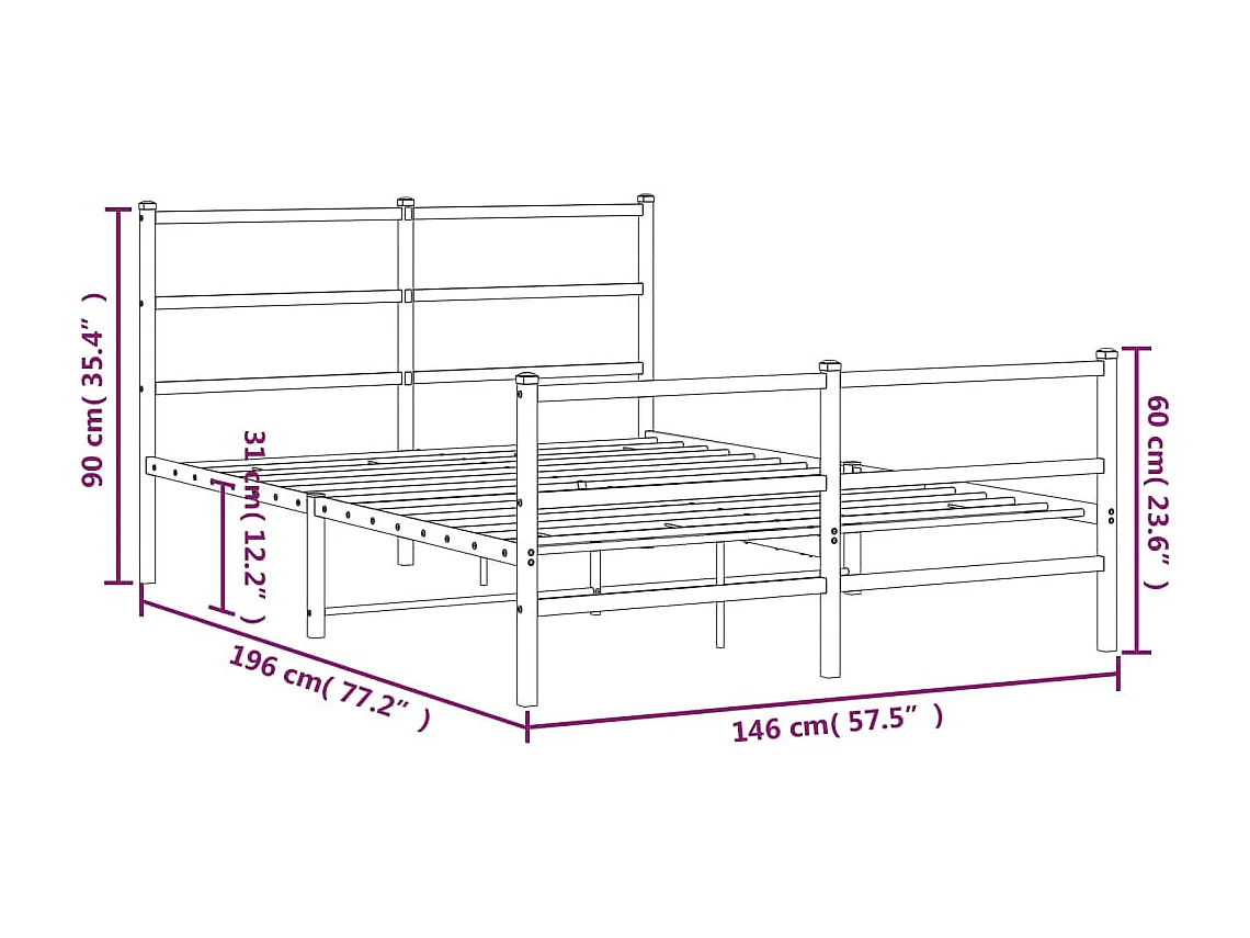 Cadre de lit métal sans matelas avec pied de lit noir 140x190cm