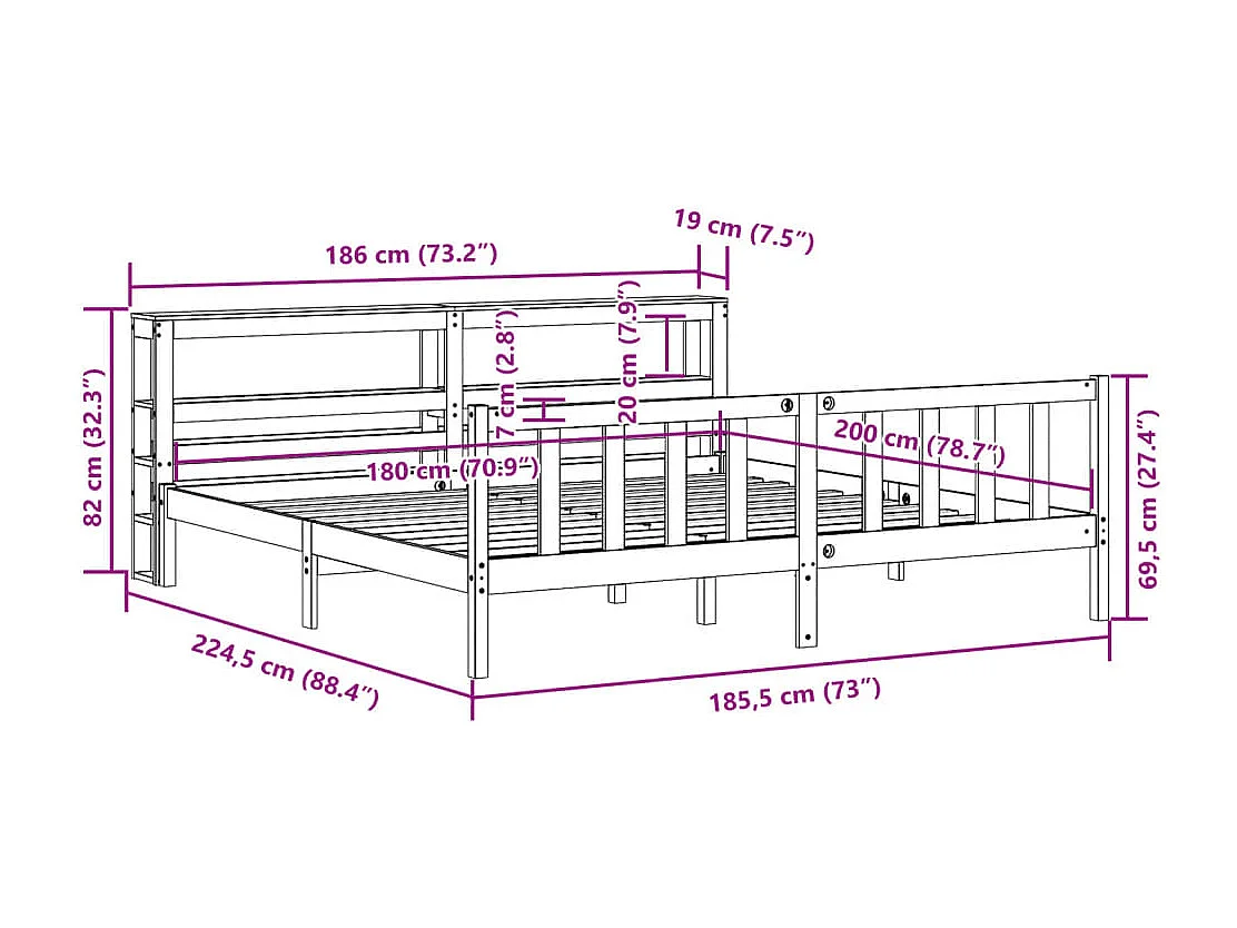 Estructura cama con cabecero madera pino marrón cera 180x200 cm