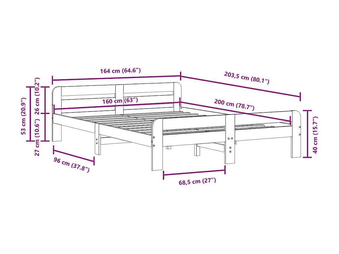 Cadre de lit sans matelas 160x200 cm bois massif de pin