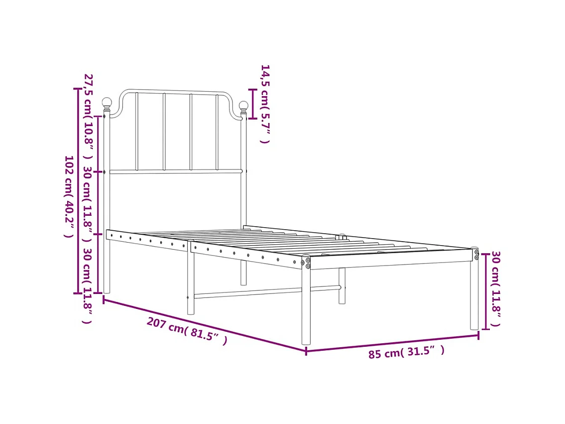 Cadre de lit métal sans matelas avec tête de lit blanc 80x200cm
