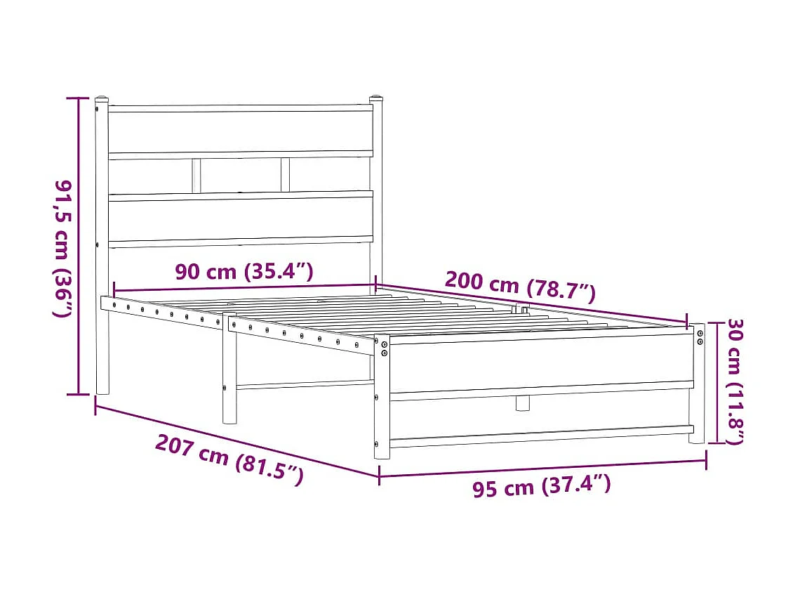 Cadre de lit en métal sans matelas chêne marron 90x200 cm