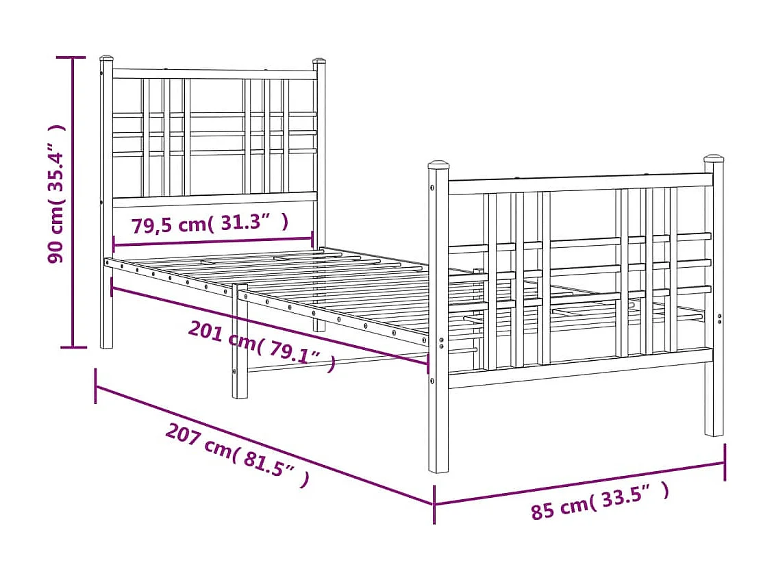 Cadre de lit métal sans matelas avec pied de lit blanc 80x200cm