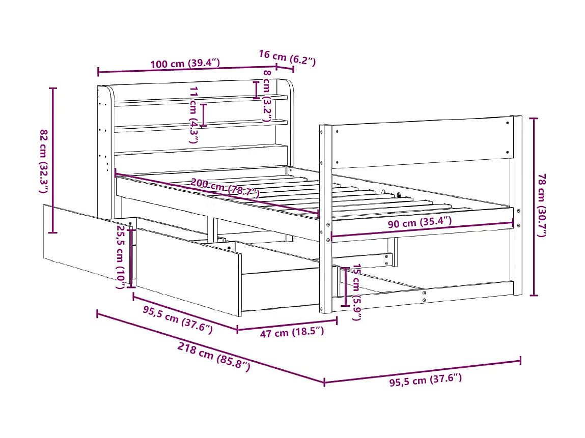 Cadre de lit sans matelas 90x200 cm bois de pin massif