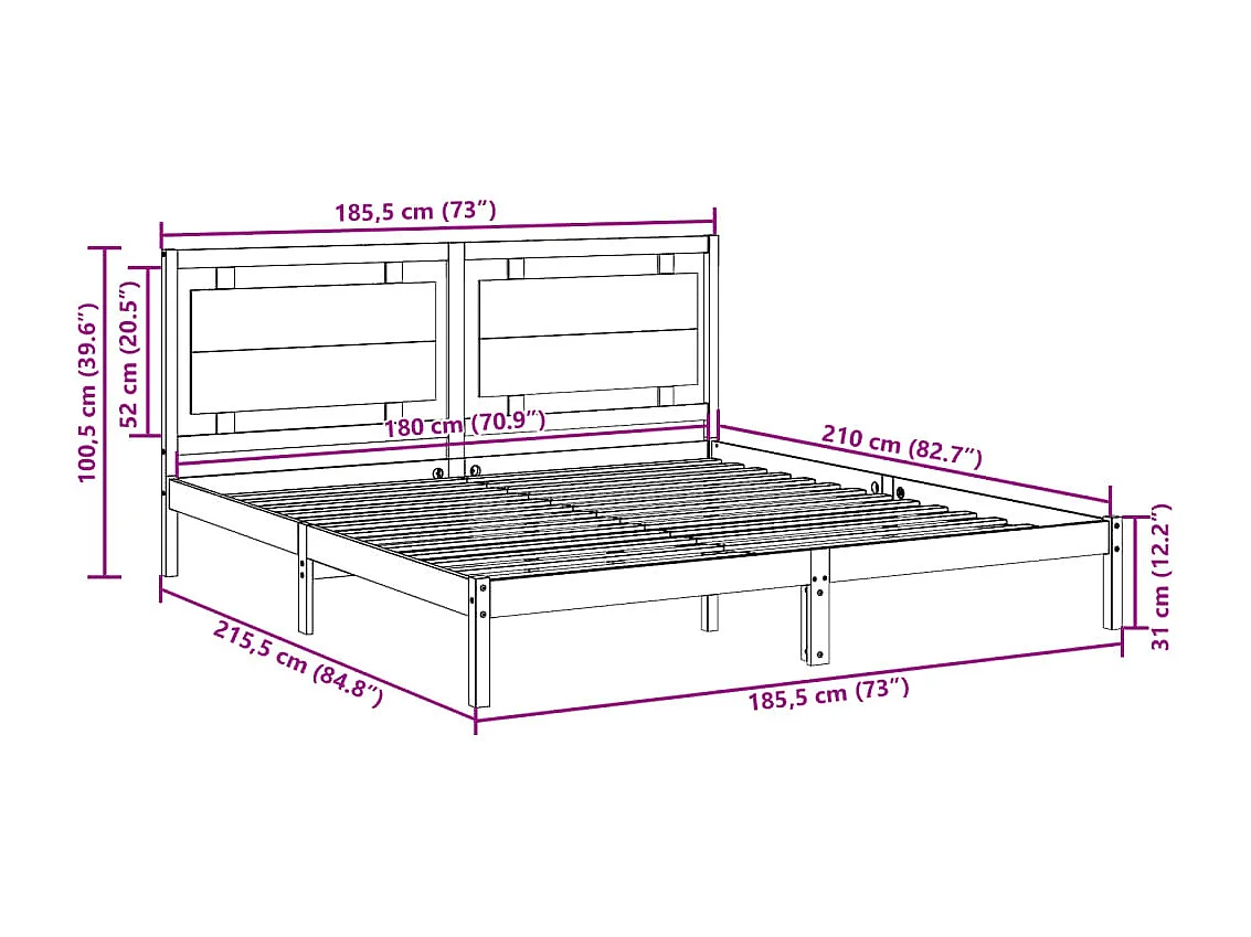 Cadre de lit extra long sans matelas 180x210 cm bois massif