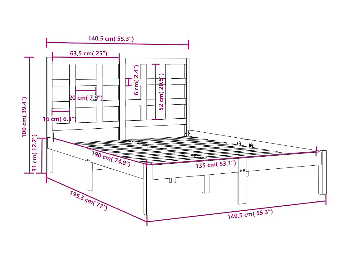 Cadre de lit sans matelas 135x190 cm bois massif