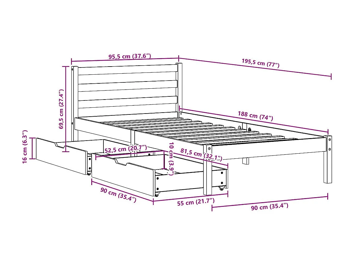 Letto senza Materasso Marrone Cera 90x190 cm in Legno di Pino