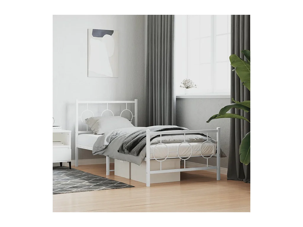 Cadre de lit métal sans matelas avec pied de lit blanc 90x200cm