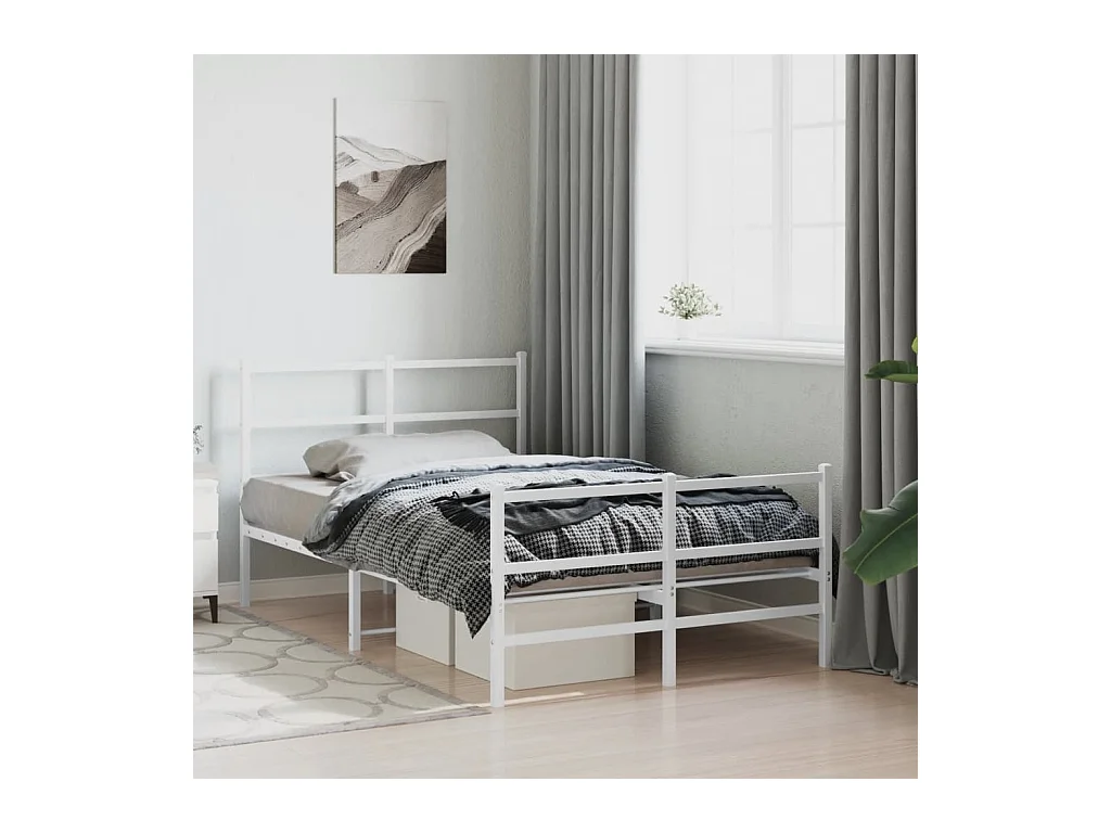 Cadre de lit métal sans matelas et pied de lit blanc 120x200 cm