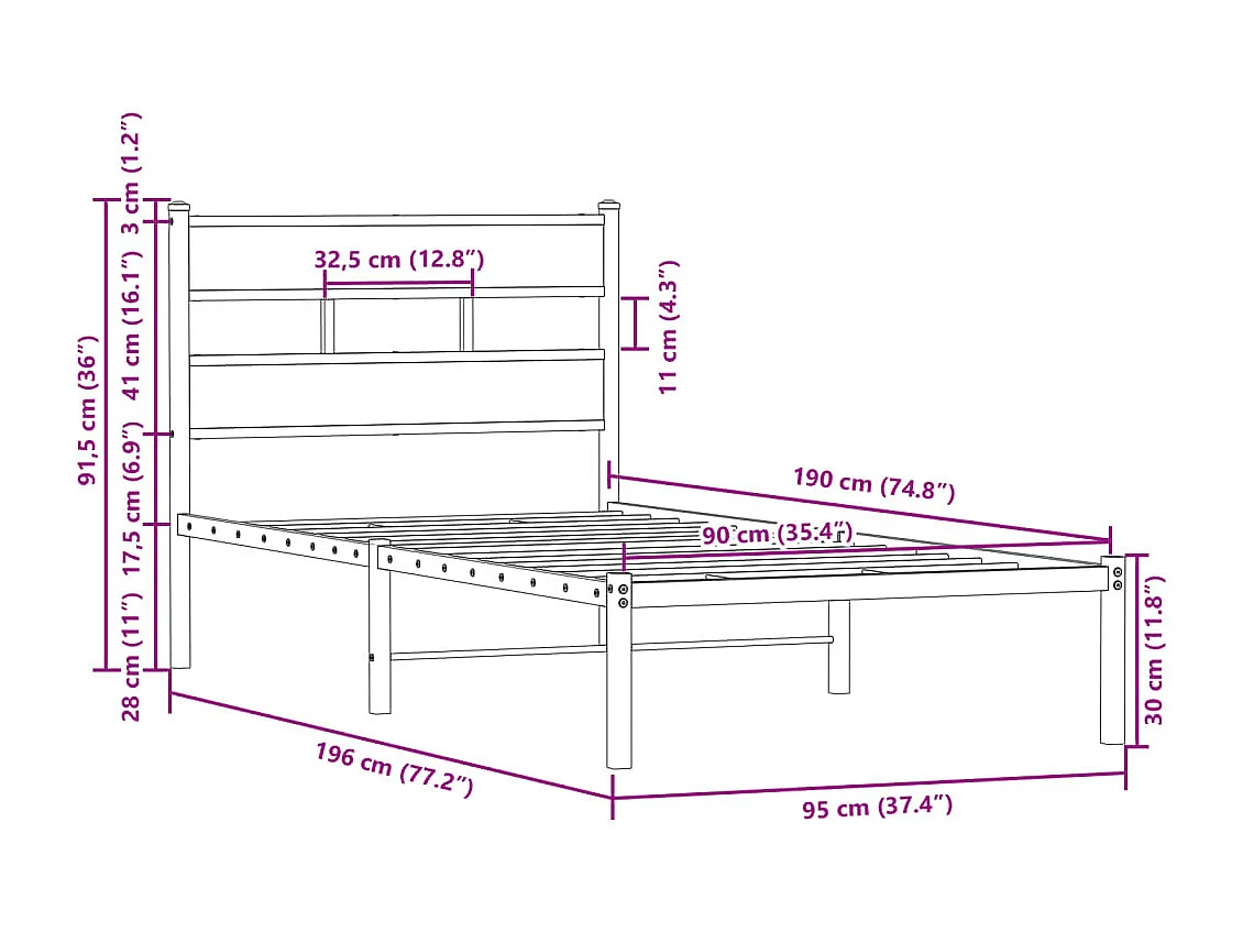 Cadre de lit sans matelas avec tête de lit 90x190 cm