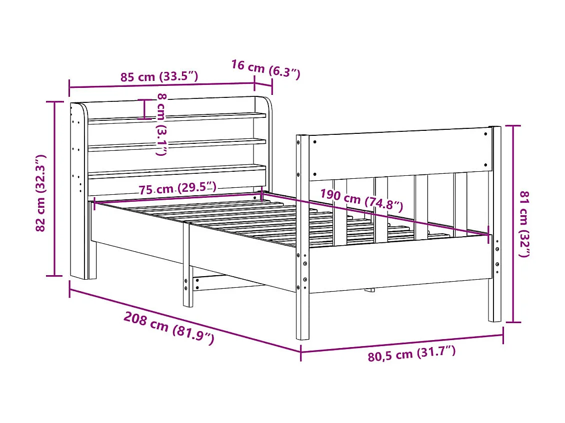 Letto senza Materasso 75x190 cm in Legno Massello Pino