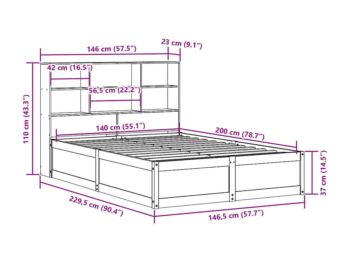 Cama sin colchón madera maciza de pino marrón cera 140x200 cm